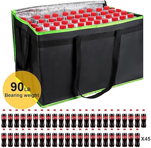 2 Pack XXXL-Large Insulated Grocery Shopping Bags, Green, Reusable Bag,Thermal Zipper,Collapsible,Tote,Cooler,Food Transport hot and Cold,Camping,Recycled Material delivery Groceries