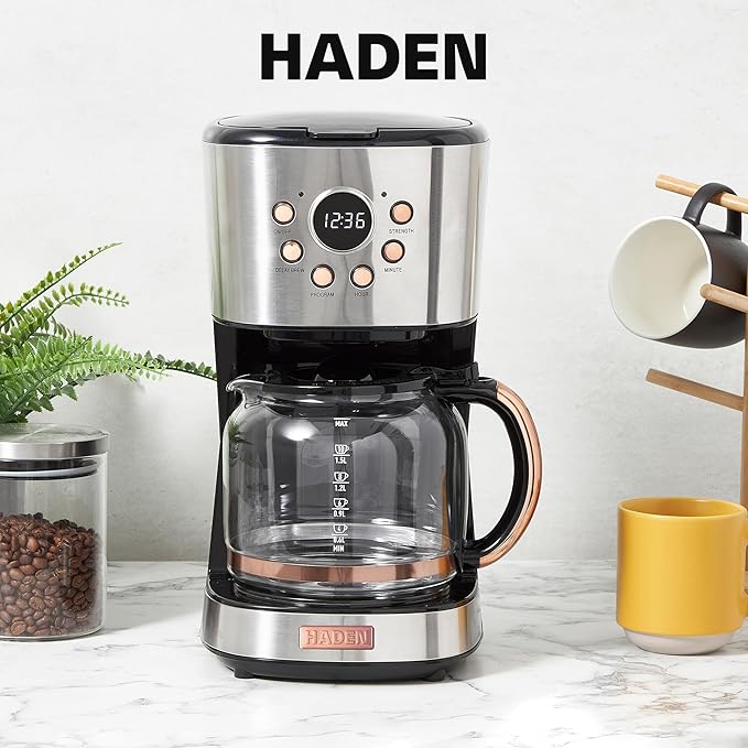 Haden Coffee Machine, 12 Cup Programmable Drip Coffee Maker with Auto Shut-Off Function and Reusable Washable Water Filter, Steel & Copper
