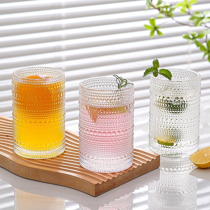 15oz Hobnail Drinking Glasses Set of 6,Clear Vintage Glassware Embossed Water Tumbler,Cocktail Glass Cups for Beer,Whiskey,Juice and Various Mixed Drinks