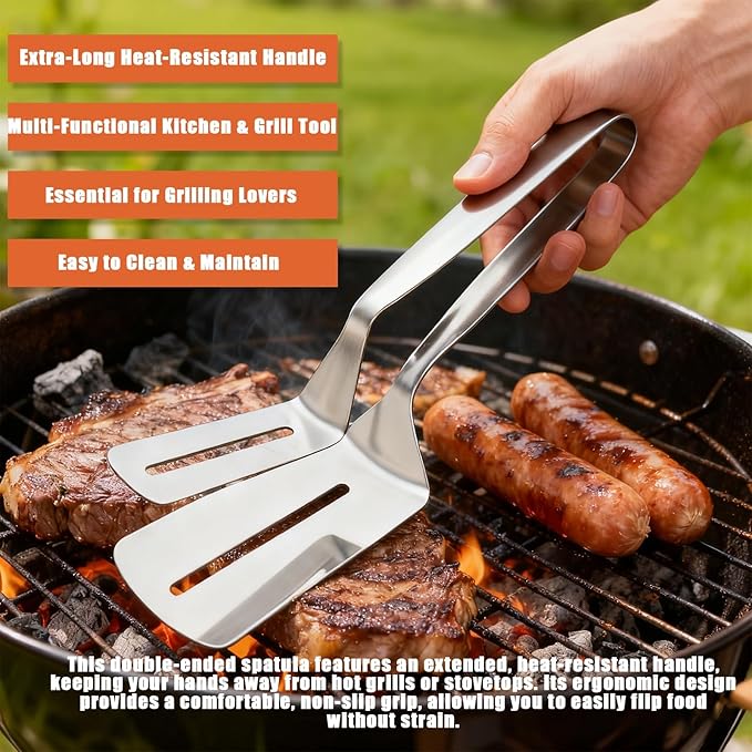 Stainless Steel Grill Clamp, 11.8 in Anti-Scald Extended Handle Spatula Tongs, Multifunctional Stainles Steels Double-Sided Food Flipping Spatula Tongs Clip, for Flipping Steak, Fish (3, A, Short)