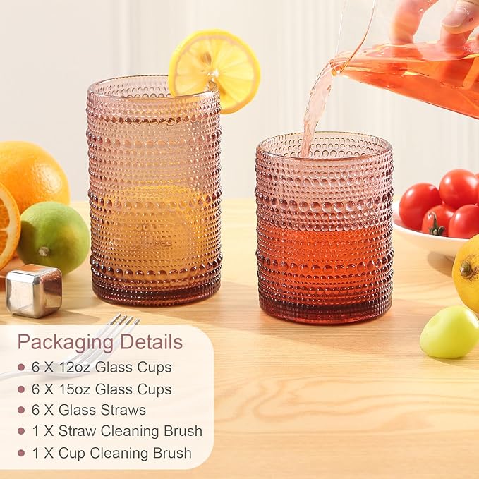 Vintage Glassware Drinking Glasses Set of 12,Purple 12oz & 15oz Hobnail Glass Cups,Embossed Water Tumbler,for Beer,Cocktail,Whiskey,Juice and Various Mixed Drinks- 1 Cleaning Brush