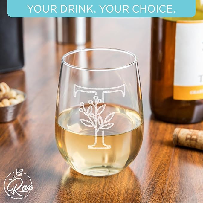 On The Rox Drinks Monogrammed Gifts For Women and Men - Letter A-Z Initial Engraved Monogram Stemless Wine Glass - 17 Oz Personalized Wine Gifts For Women and Men (T)
