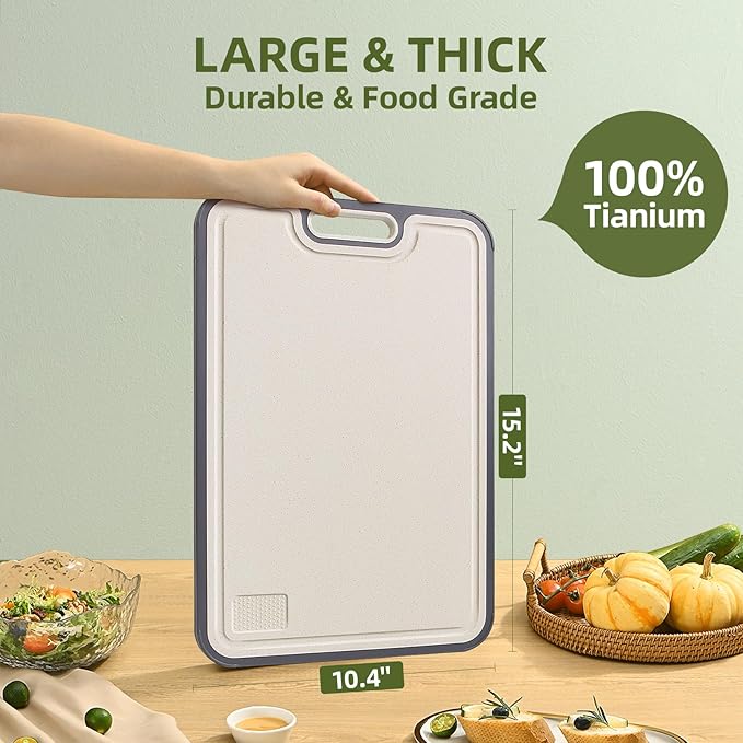 Titanium Cutting Board, 15.2” Double-Sided Chopping Board, Non-Toxic Safe Metal Cutting Board, Titanium/Wheat Straw Surface, Non-Slip Design for Safe & Efficient Cooking, Perfect for Meat, Vegetables
