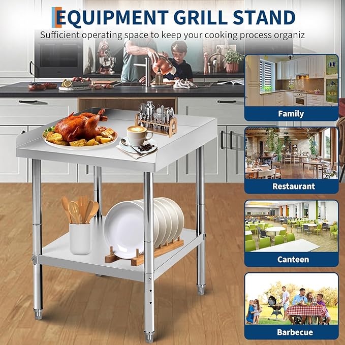 24x28x30 in Stainless Steel Equipment Grill Stand Table 400 LBS Capacity NSF Certified with Adjustable Legs, 2 in Edge Baffle, for Hotel, Home, Commercial Restaurant Kitchen