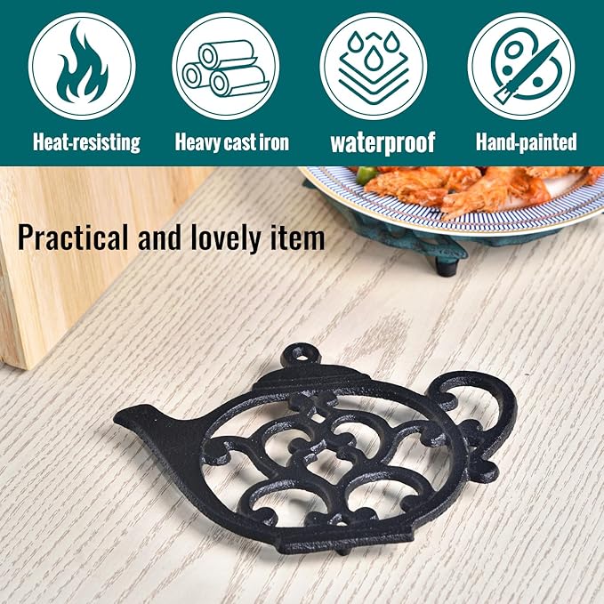 Sungmor Heavy Duty Cast Iron Trivet,Decorative Rustproof Black Trivet for Kitchen or Dinning Table,7.9" x 6" with Vintage Lovely Teapot Pattern