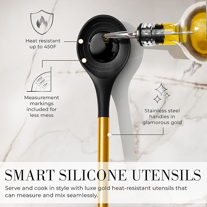 Black and Gold Kitchen Utensils Set - 7-Piece Silicone Cooking Tools with Gold Utensil Holder for Nonstick Cookware and Modern Kitchens - Stylish Luxury Kitchen Accessories