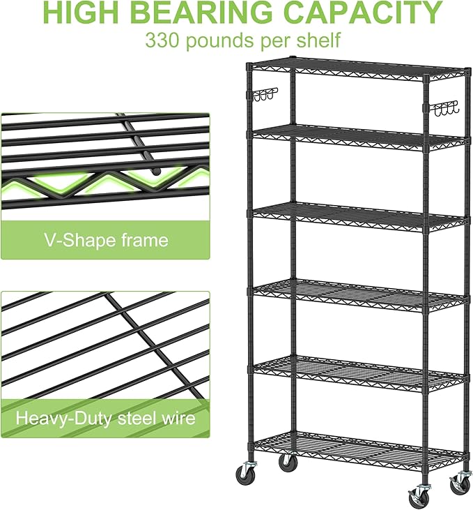 6 Tier Storage Shelves with Wheels Heavy Duty Wire Rolling Shelving Rack Organizer Garage Metal Steel Unit Adjustable Utility Commercial Sturdy Shelves for Kitchen Pantry Bathroom Closet Laundry
