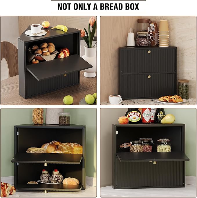Corner Bread Box for Kitchen Countertop Bamboo Two Layer Large Capacity Bread Storage Bin Vintage Storage for Homemade Bread (Black)