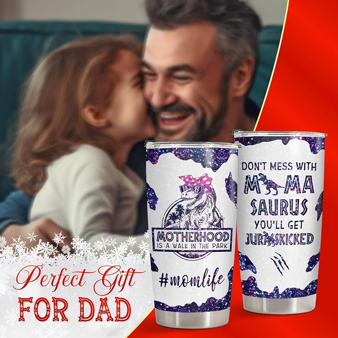 34HD Funny Dinosaur Mom Gifts, Purple Mamasaurus Tumbler with Lid, 20oz Stainless Steel Vacuum Insulated Momma Drinking Cup, Mothers Day Gifts for Mom from Son Daughter Husband