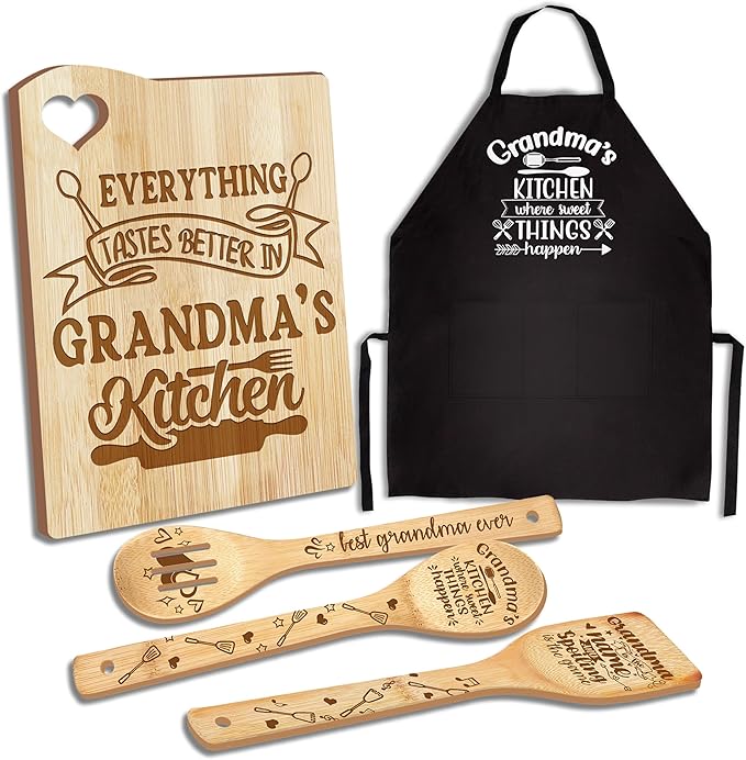 Gifts for Grandma, Grandma Kitchen Gifts from Grandkids, Birthday Gift Wooden Cutting Board with Cooking Utensils Set with Apron Set, Great Christmas Mothers Day Gift