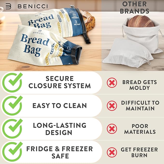 2 Pack Reusable Bread Bags - Perfect To Store Homemade Sourdough Loaf Breads - Special Double-Lock for Longer Freshness - Extra Large Food-Grade Bags - Freezer-Safe Bags for Bread Lovers