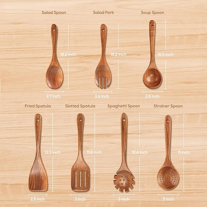 7 PCS Wooden Spoons for Cooking Natural Teak Kitchen Utensils Smooth Non-Stick Surface Cooking Utensils Set Soft Comfort-Grip Wooden Utensils for Cooking