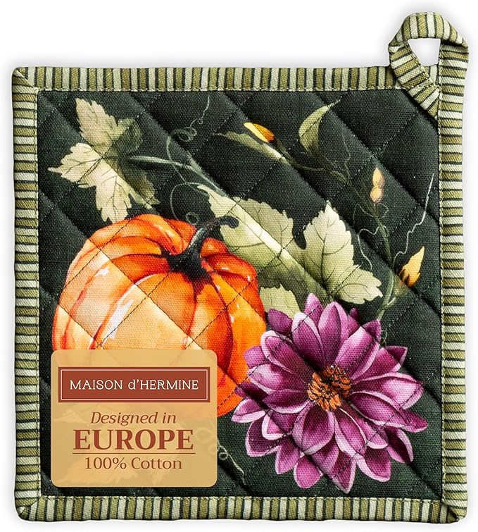 Maison d' Hermine Pot Holders 100% Cotton Heat Resistant Potholders 8" x 8" Hot Pads with Loop for Thanksgiving Christmas Decorations Baking Handling Hot Pans (Pack of 1, Pumpkin Garden - Dark Green)