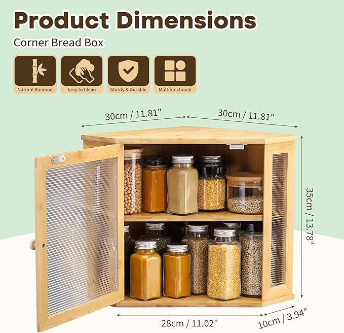 Corner Bread Box for Kitchen Countertop Bamboo Large Capacity Bread Storage Bin with Acrylic Wavy Door Panel,Bread Box Under Cabinet (Natural,Medium)