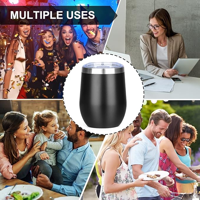 MEZMUT 12 Oz Insulated Wine Tumbler with Lid Double Wall Vacuum Stainless Steel Wine Glass Coffee Mug Insulated Tumbler Cup for Champaign, Cocktail, Beer (Black, 4 Pack)