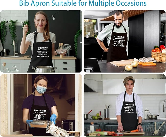Funny Bar Aprons for Women Men with 2 Pockets - Waterproof Adjustable Bib Apron for Cooking Kitchen, Exercise Makes You Look Better Naked so Does Tequila Your Choice, Black