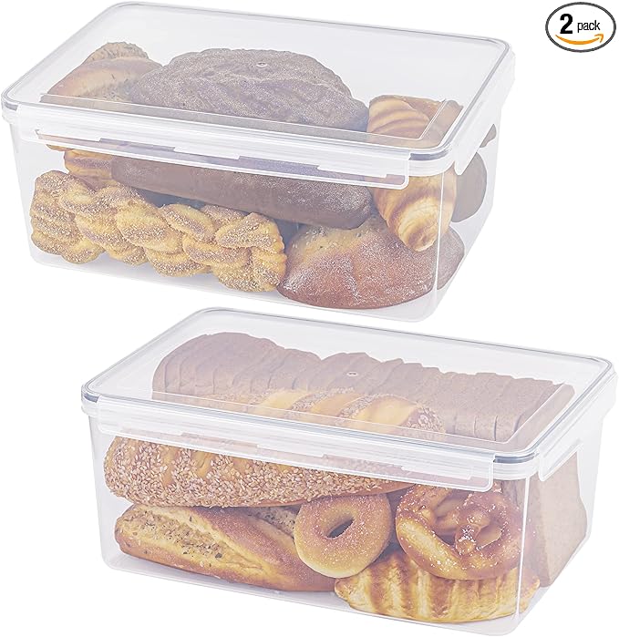 Tiawudi 2 Pack Large Bread Box for Kitchen Countertop, Airtight Bread Storage Container for Homemade Bread and Bakery Loaf, Plastic Bread Keeper, 11.6 Qt / 11L Each