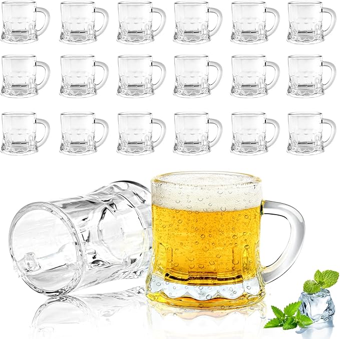 Mini Beer Mugs, 20 Pcs Real Glass Shot Glasses, 1 Oz Clear With Handles Heavy Base Stein Tasting Glasses for Whiskey, Tequila, Vodka