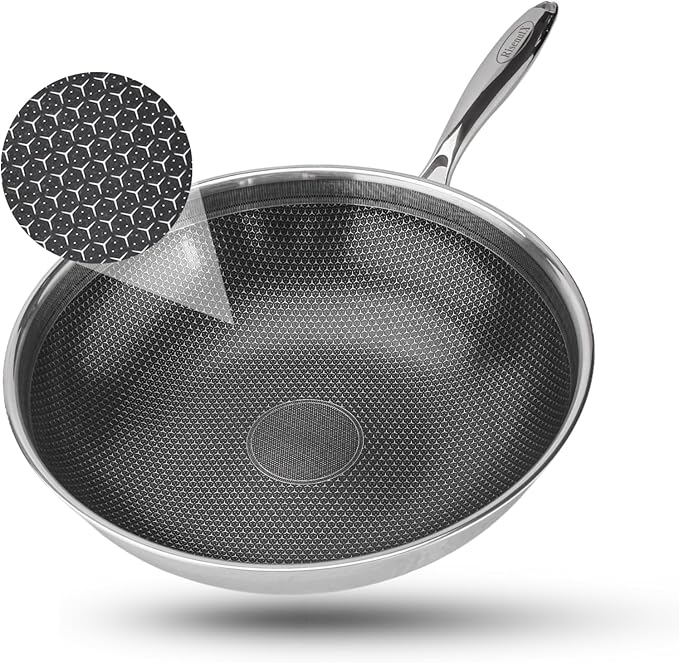Hybrid Wok, 12 inch Wok with lid,Stainless Steel woks & Stir-fry pans Non Stick, PFOA Free Cookware, Dishwasher and Oven Safe, Compatible With Induction