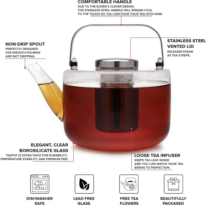Viva Bjorn Borosilicate Glass Tea Pot for Stovetop with Loose Leaf Tea Infuser Mesh - 40 ounce/1.18 Liter - Modern Teapot Features Stainless Steel Handle and Vented Lid, Tea Maker for Blooming