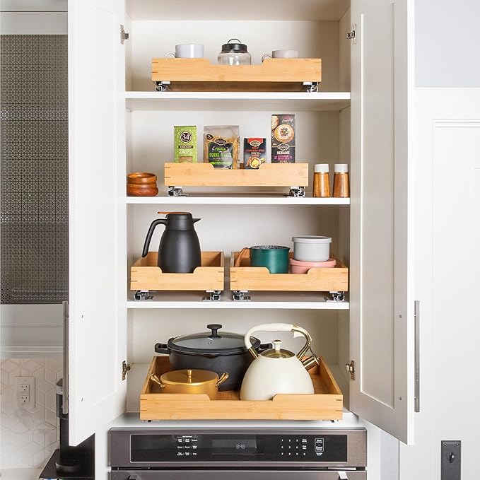 HOLDN’ STORAGE Bamboo Wooden Pull out Cabinet Organizer. 17" W x 21" D - Requires At Least a 18.25" W x 21" D.Cabinet Opening. W/Lifetime Limited Warranty. Bamboo Tray and Heavy gauge metal rails.