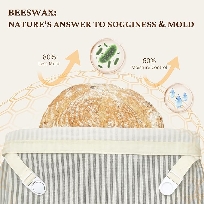 BRONYPRO Reusable Beeswax and Linen Bread Bags, 2-Pack Waxed Bread Bags for Homemade Bread & Sourdough, Sustainable Sourdough Loaf Storage to Lock in Freshness, Large 17x12.6in, Grey