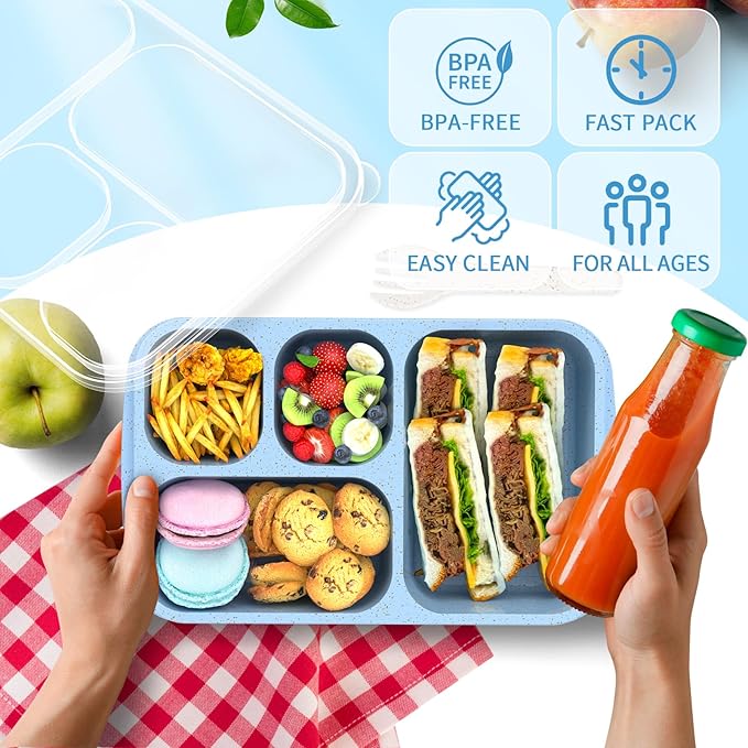 Large Capacity Bento Box for Adults, 4-Piece Set – Stackable Lunch Box with 4 Compartments, Microwave & Dishwasher Safe, Reusable Meal Prep Containers, Snack Containers for Kids & Adults (4 Colors)