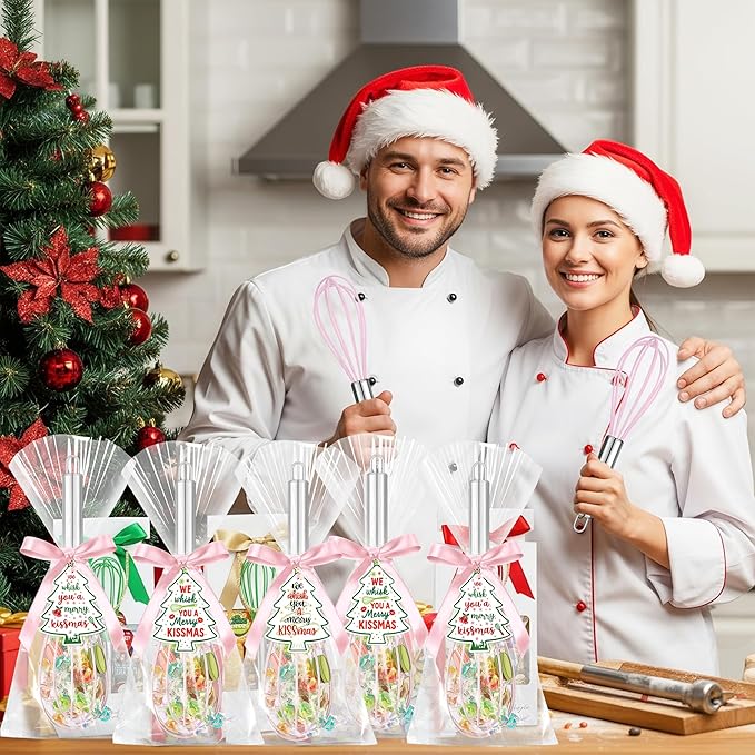 12 Sets 10 Inch Christmas Whisk Baking Gifts, DIY Fillable Christmas Tree Ornaments, Xmas Colored Silicone Whisks for Xmas Employee Neighbor Cooking Supplies Xmas Stocking Stuffers Candy Holder