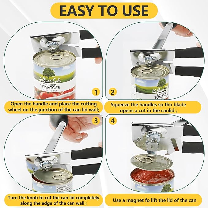 Commercial Can Opener, Hand Crank Can Opener Manual Heavy Duty, Ergonomic Design, with Comfortable Long Handles, Oversized Knob, Large Handheld Can Open Easy for Big Cans, for Seniors, Black