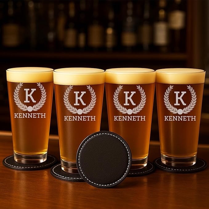 Personalized Glass Set of 4 - Custom Engraved Drinking Pint Glasses - Great Gifts for Men, Women, Family - For Valentine's, Anniversary, Housewarming, Christmas (Pint [x4])