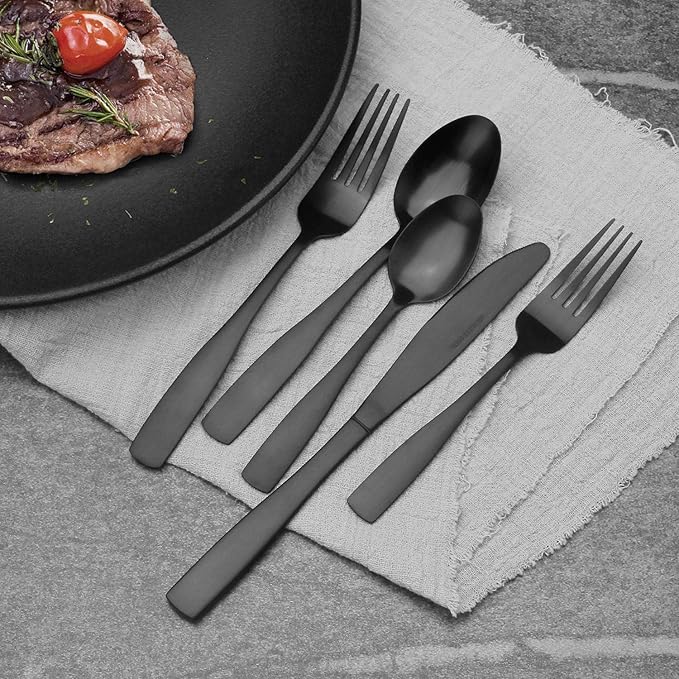 Vanys 20-Piece Silverware Set, Satin Finish Flatware Cutlery Set Service for 4, Knives/Forks/Spoons Included, Dishwasher Safe (Matte Black)