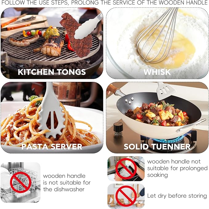 12 Pcs Kitchen Utensils Set, 446°F Heat Resistant Silicone Cooking Utensils Set, Non-Toxic Wooden Utensil Set, Kitchen Gadgets Tools Set for Nonstick Cookware, Kitchen Accessories, White