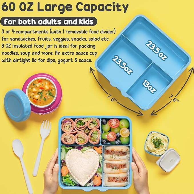 Fimibuke Bento Lunch Box for Kids Adult, 3-4 Compartment 60OZ Toddler Lunch Box Container with Leakproof 8OZ Insulated Food Jar, Sauce Jar, Utensil for School Boys Girls, BPA-Free Dishwasher Safe