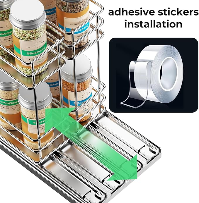 Pull Out Spice Rack Organizer for Cabinet, Slide Out Spice Racks, Easy to Install Spice Cabinet Organizer, 2.1''Wx10.35''Dx8.26''H, 2 Drawers 2 Tiers(Silver)