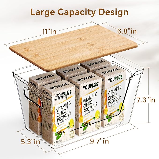 Criusia 2 Set Pantry Organizers and Storage with Bamboo Lids, Stackable Clear Bins for Onion, Potato, Fruit, Vegetables, Trash Bag Dispenser, Kitchen and Under Sink Organizer