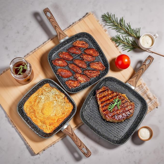 3 Pieces Nonstick Grill Pan Set – Square Griddle Pans with Wooden Handle, Compatible with All Stovetops, Perfect for Steak, BBQ, Vegetables (9.5", 10.2", 11") Deep Black