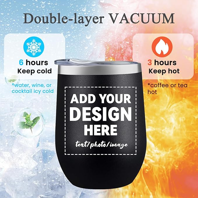 MEWAY Personalized Custom 12oz Wine Tumbler with Lid, Insulated Double Wall Vacuum Travel Tumbler Gifts with Text Photo Logo (Black, 1pack)