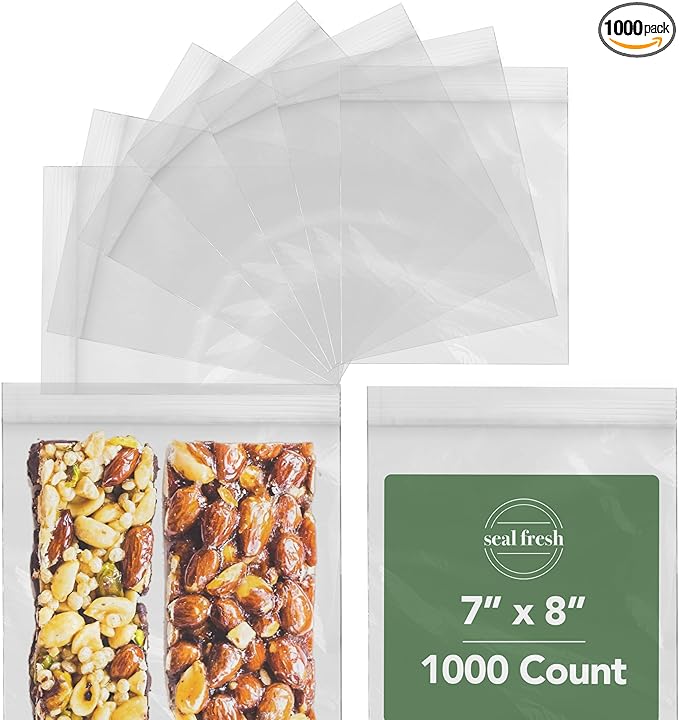 Quart Resealable Plastic Bags 1000 Pack — Clear Reclosable 7 x 8 Inch Food Storage Bags with Zipper Seal for Freezer, Meal Prep, BPA Free