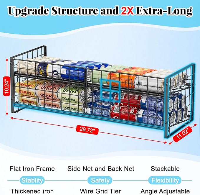 2-Tier Stackable Can Rack Organizer for Pantry Shelf, Adjustable Extra-Long Can Holder for Kitchen Organization Storage, Heavy Duty Can Dispenser for Canned Soup Food Goods Storage up to 64, Black