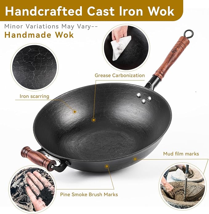 WANGYUANJI Cast Iron Pot,13.4 inch Craft Wok Chinese Wok,Flat Bottom Iron Woks with Lid,Fry Pan Suitable for Induction, Electric, Gas, Halogen All Stoves-Black
