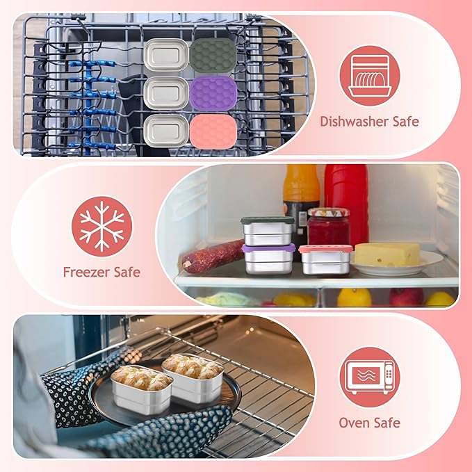 Homikit 3 Pack Snack Containers for Kids, 18/10 Stainless Steel Toddler Lunch Box with Silicone Lids, Reusable Bento Food Container Set for School Daycare, Nontoxic & Leak Proof, Pink/Purple/Gray