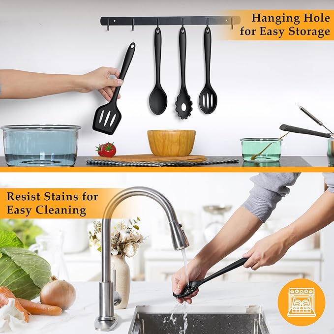 LIANYU Kitchen Utensils Set, 4Pcs Silicone Cooking Utensils, Heat Resistant Kitchen Tools for Stir Frying, Serving, Mixing, Include Turner, Spoon, Pasta Server, Dishwasher Safe, Black
