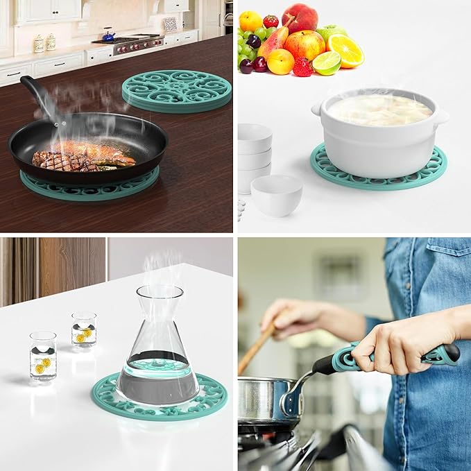 Silicone Trivets for Hot Dishes and Pans, Non Slip Heat Resistant Hot Pads for Kitchen, Pot Holders and Teapot Coasters (Teal)