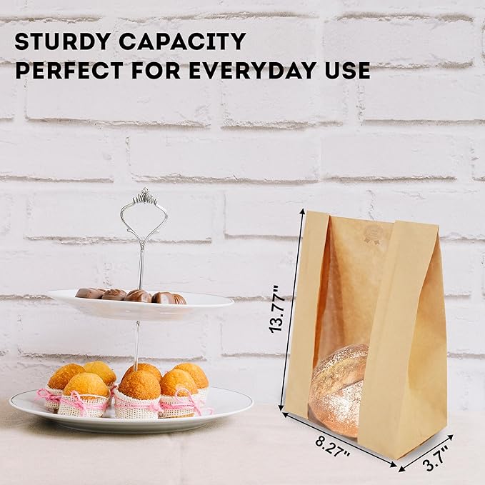 50 Sourdough Bread Bags For Homemade Loaf Kraft Brown Paper Bread Bags with Window and Square Bottom Large Bakery Bag - Reusable and Disposable Square Bottom for Easy Storage of Sandwiches and Bagels
