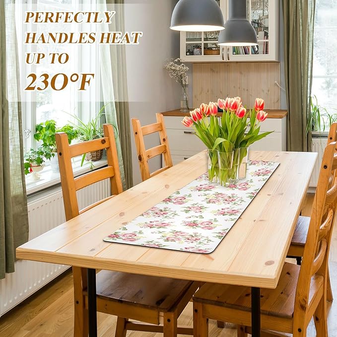 senya Flower Trivet Table Runner 40 Inches Long Pink Rose Flower Floral Heat Resistant Hot Pad Multi Purpose Mat for for Hot Pots Pans Kitchen Countertops, B01C23045