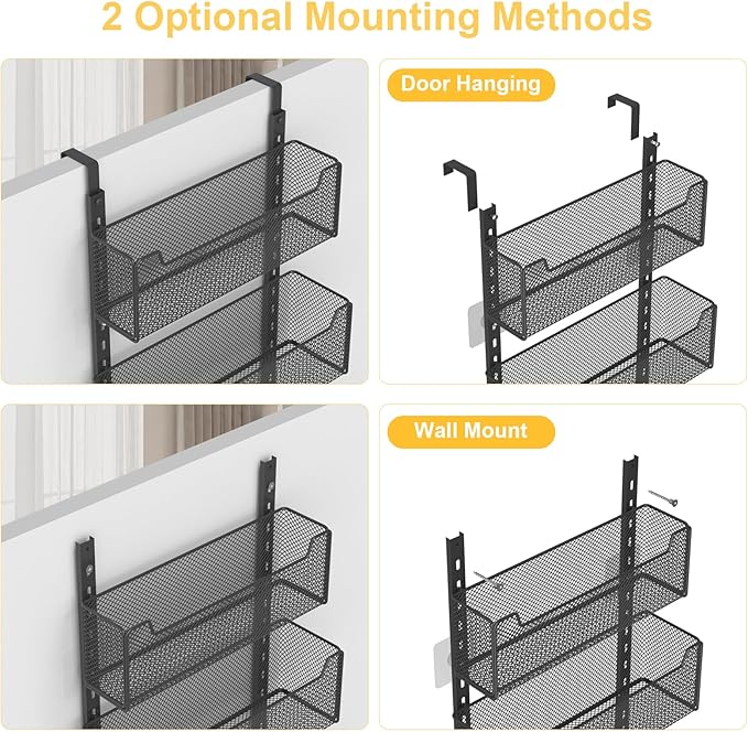 Over the Door Organizer, 8-Tier Pantry Organizer with Fully Enclosed Mesh Baskets, Heavy-Duty Metal Hanging Spice Rack for Kitchen Bathroom Laundry Room, 2-in-1 Wall Mount or Door Mount, Black