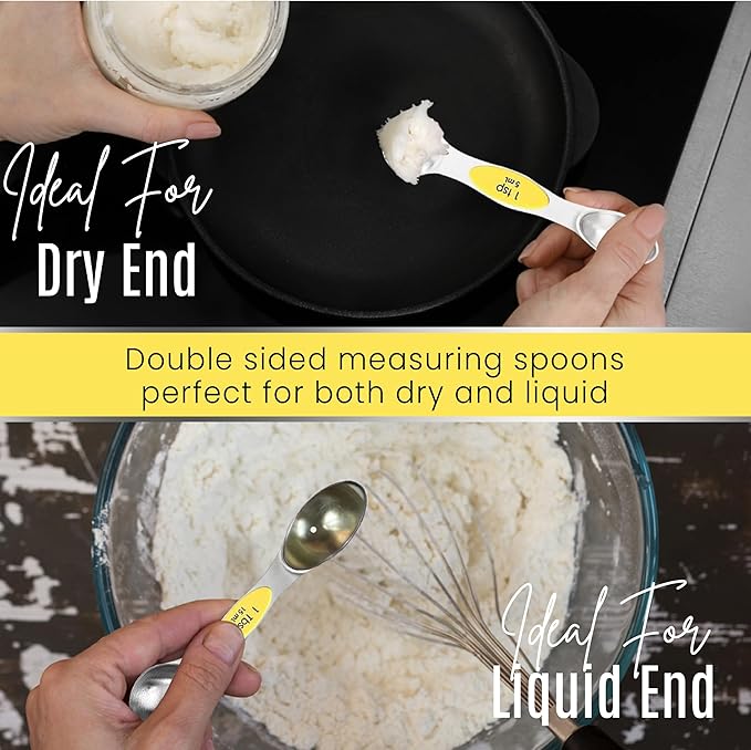 Magnetic Measuring Spoons Set of 9 Stainless Steel Dual-Sided Stackable Measuring Spoon Nesting Teaspoons Measuring Dry and Liquid Ingredients, Fits in Spice Jars Set of 9 (Yellow)