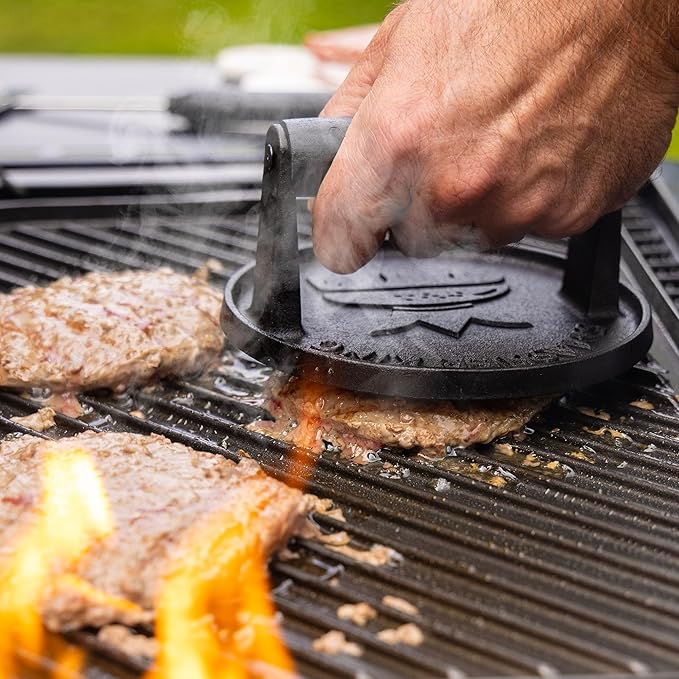 SMASHER KING™ - Premium Cast Iron Smash Burger Press incl. 25 pcs of Patty Paper, Burger Smasher for Griddle with Black Wood Handle, Perfect Hamburger Press
