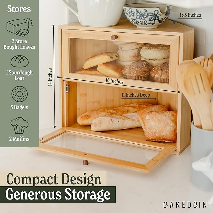 Corner Bread Box for Kitchen Countertop - New 2025 Design, Vintage Bamboo Wooden BreadBox, Large, Double Layer Storage for Homemade Bread, Sourdough, Panera, Under Cabinet Organizer