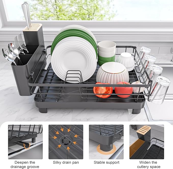 Runnatal Dish Drying Rack, Stainless Steel Dish Rack with Drainboard for Kitchen Counter and Sink, Large Capacity Dish Drainer, Detachable 2-in-1 Utensil Holder, Cup Holder, Black